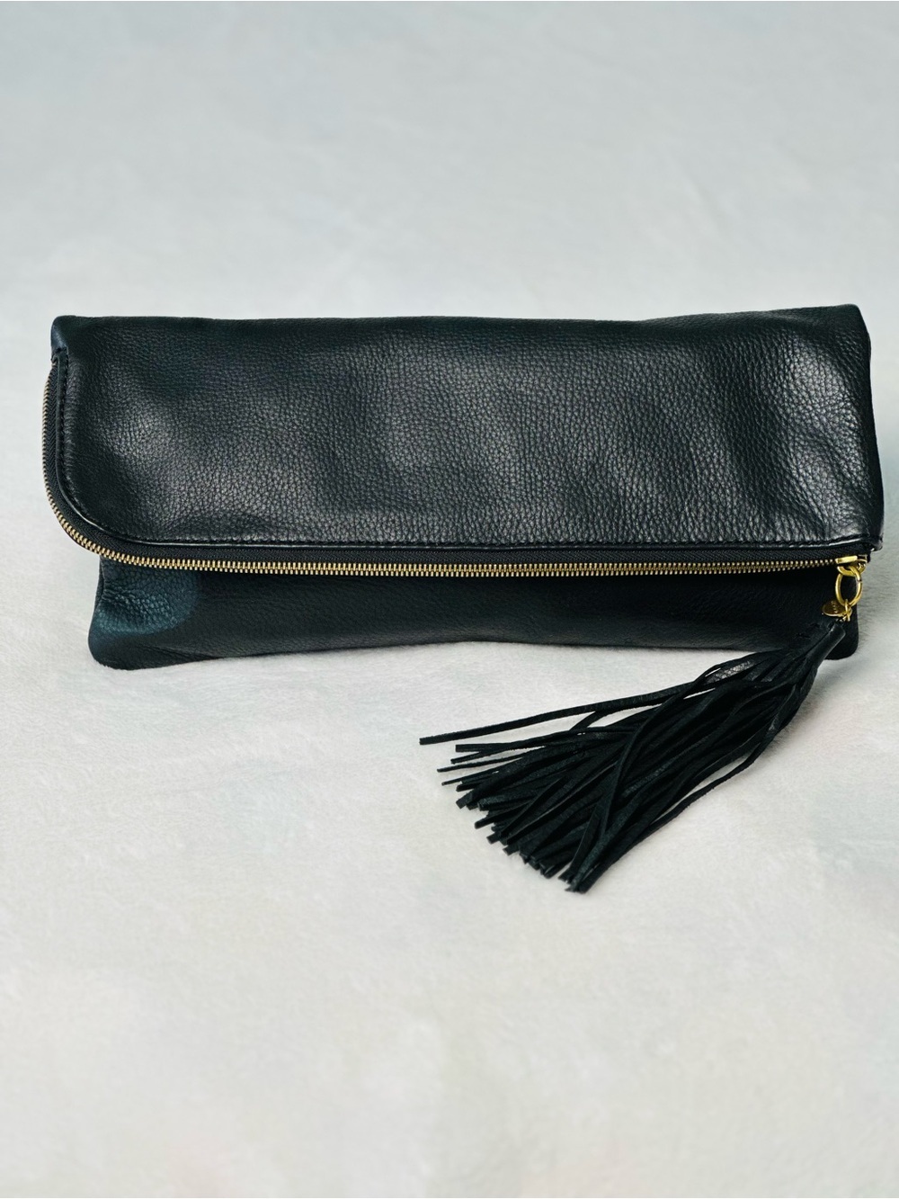 HOBO International Classic Black Fold-Over Leather Clutch with Tassel